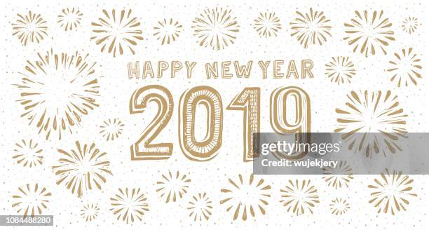 2019 happy new year card with fireworks background - new year cartoon stock illustrations