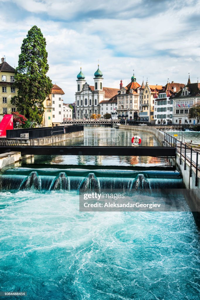 Jesuit Church and Reuss River in old town Lucerne, Switzerland