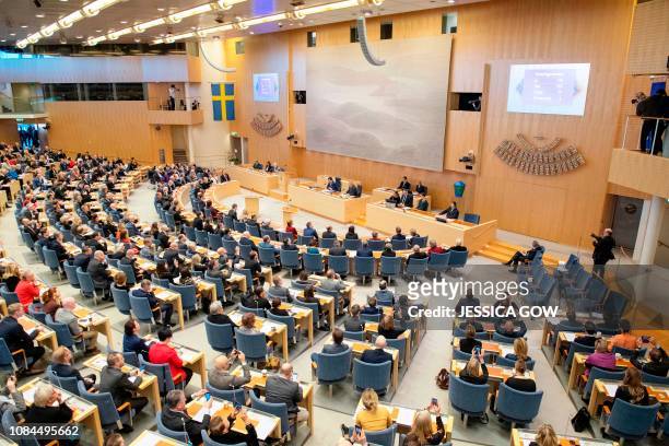 Delegates have taken seat at the Swedish parliament Riksdagen in Stockholm for the vote of the prime minister on January 18, 2019. - Sweden ended a...