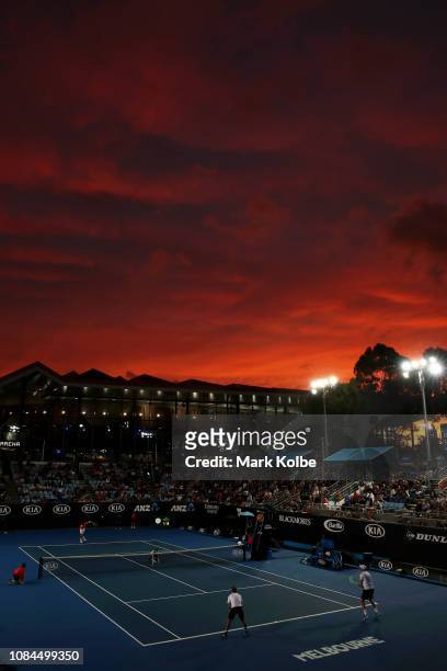 General view of Court 3 at sunset during the second round doubles match between Artem Sitak of New Zealand and Austin Krajicek of the United States...
