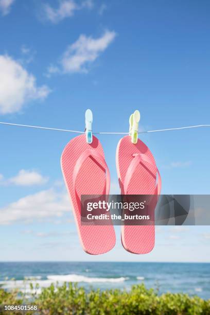 pink flip-flops hanging on clothesline against sea and sky - badelatsche stock-fotos und bilder