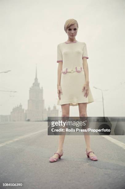 Russian model Galya Milovskaya, whose look and style have been compared to English fashion model Twiggy, posed wearing a mini dress whilst standing...