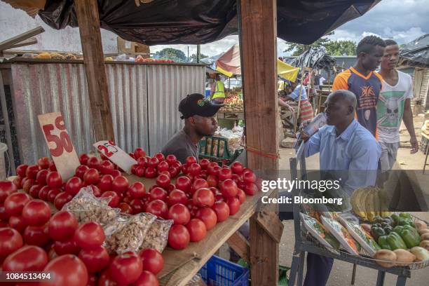 Vendor sits by his fresh fruit and vegetable stall as he waits for customers at a market in Harare, Zimbabwe, on Thursday, Jan. 17, 2019. Hopes of an...