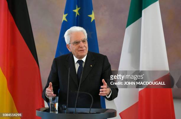Italy's President Sergio Mattarella gives a press conference with his German counterpart during a visit at the presidential Bellevue Palace in Berlin...