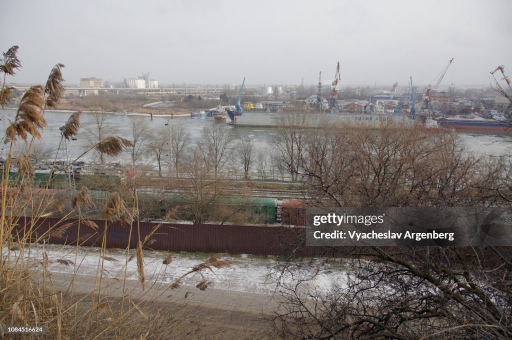 Don River in autumn, railway track in Rostov-on-Don, Southern Russia