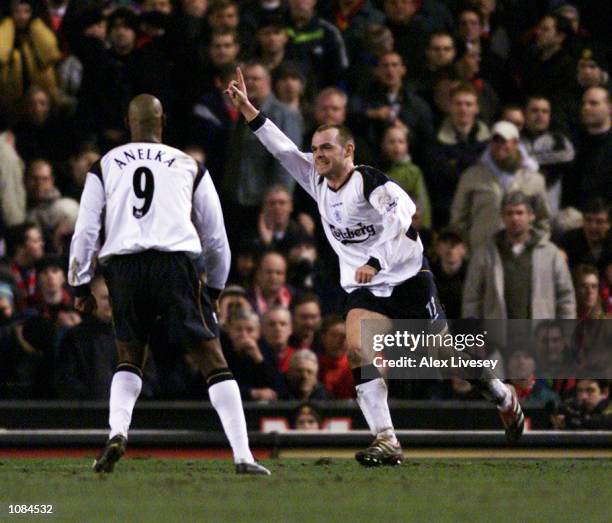 Danny Murphy of Liverpool celebrates scoring the match winning goal during the FA Barclaycard Premiership match against Manchester United played at...