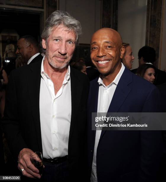 Musician Roger Waters and Russell Simmons attend Tommy Hilfiger's engagement party hosted by Leonard and Evelyn Lauder at Neue Galerie on June 9,...