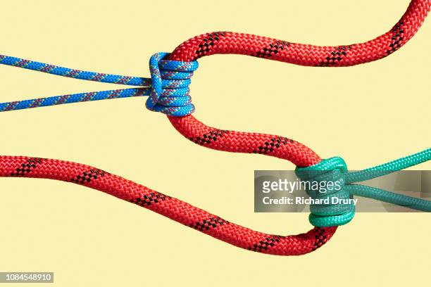 two ropes pulling on a larger rope to shape its path - dispute foto e immagini stock