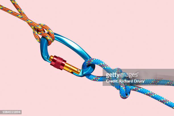 two coloured ropes tied to a carabiner - abrochar fotografías e imágenes de stock