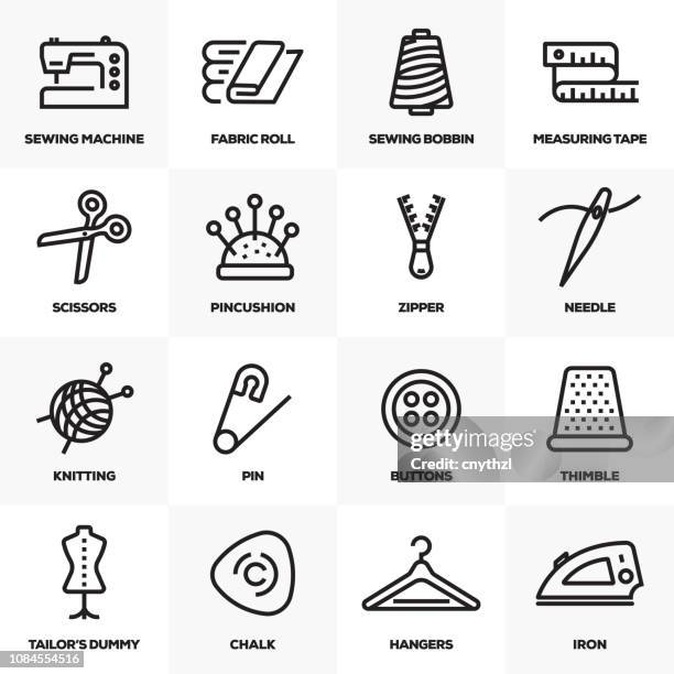 ilustraciones, imágenes clip art, dibujos animados e iconos de stock de costura línea icons set - arte de la costura