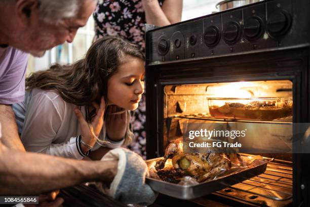 abuelos y nieta comprobando el tradicional pavo para la cena de navidad - brazil open fotografías e imágenes de stock