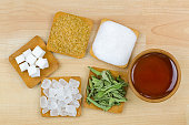 Sugar cubes, brown sugar crystals, granulated white sugar, rock sugar, stevia, honey, Different types of sweetness