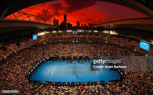 General view of Rod Laver Arena at sunset in the third round match between Alex De Minaur of Australia and Rafael Nadal of Spain during day five of...