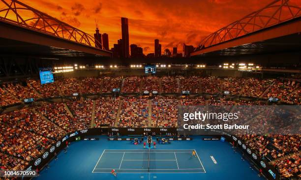 General view of Rod Laver Arena at sunset in the third round match between Alex De Minaur of Australia and Rafael Nadal of Spain during day five of...