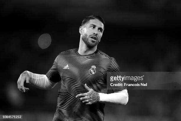 Sergio Ramos of Real Madrid warms up prior to the FIFA Club World Cup semi-final match between Kashima Antlers and Real Madrid at Zayed Sports City...