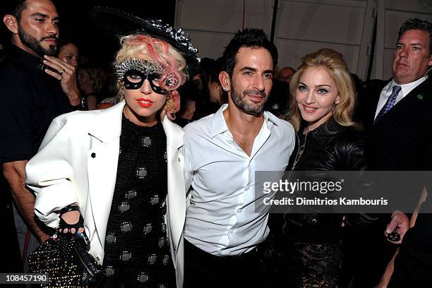 Lorenzo Martone, singer Lady Gaga, designer Marc Jacobs and Madonna attend the Marc Jacobs 2010 Spring Fashion Show at the NY State Armory on...