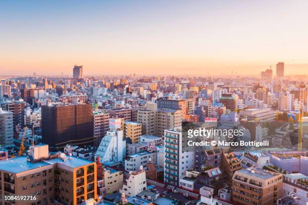 tokyo skyline at sunrise - japan sunrise stock-fotos und bilder