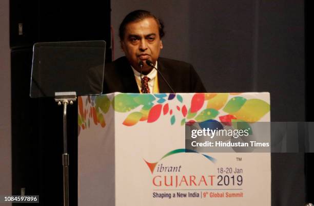 Chairman and Managing Director of Reliance Mukesh Ambani speaks at Vibrant Gujarat Global Summit, at Mahatma Mandir Exhibition cum Convention Centre,...