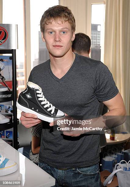 Actor Zach Roerig poses with Heelys at the Lia Sophia Upfront Suite at The London Hotel on May 19, 2009 in New York City.