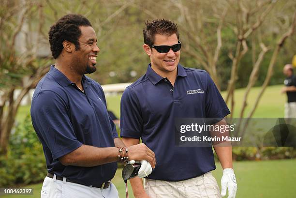 Player Dhani Jones and Singer Nick Lachey attend the Super Skins Celebrity Golf Classic Tee Off at The Biltmore Hotel & Golf Club on February 5, 2010...