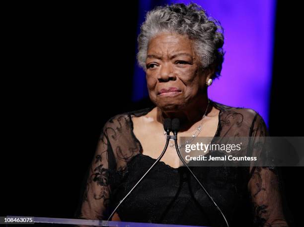 Dr. Maya Angelou on stage during the 33rd Annual American Women In Radio & Television Gracie Allen Awards at the Marriott Marquis on May 28, 2008 in...