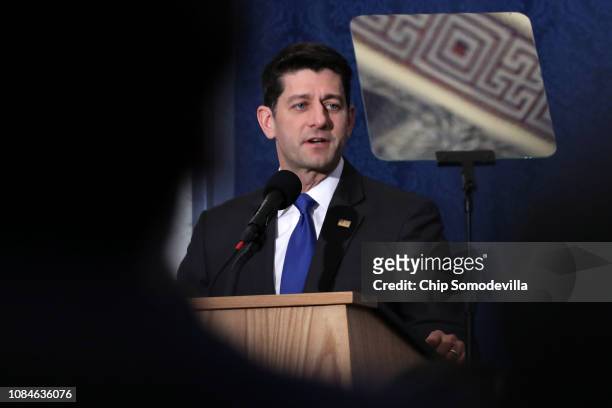 Speaker of the House Paul Ryan delivers a farewell address in the Great Hall of the Library of Congress Jefferson Building on Capitol Hill December...