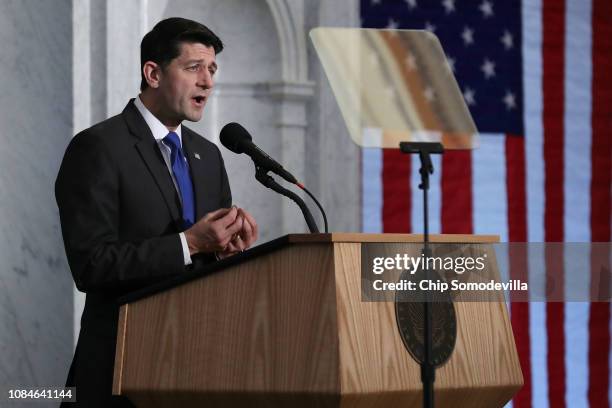 Speaker of the House Paul Ryan delivers a farewell address in the Great Hall of the Library of Congress Jefferson Building on Capitol Hill December...