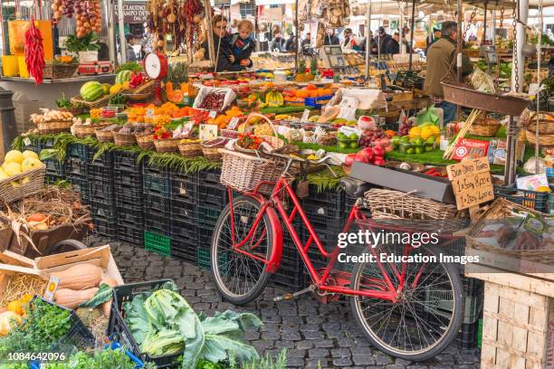 Colorful Market stalls at Campo de Fiori Market, Rome, Italy.