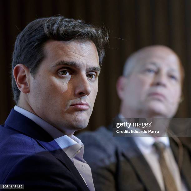 Albert Rivera and former basketball coach Javier Imbroda attend the 'Entrenar para dirigir' book presentation at Abante space on December 19, 2018 in...