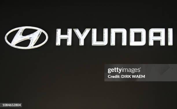 Illustration shows Hyundai logo during the opening day of the 97th edition of the Brussels Motor Show, at Brussels Expo, on Friday 18 January 2019,...