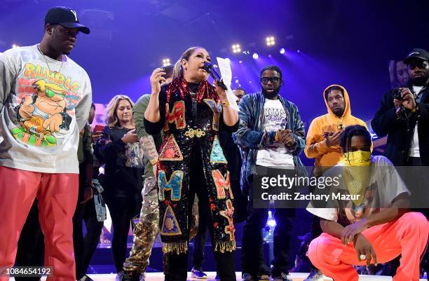 Ferg, Tatianna Paulino, A$AP Yams Mother, A$AP Twelvyy, A$AP Rocky, and A$AP Ant speak at A$AP Mob Yams Day 2019 at Barclays Center on January 17,...