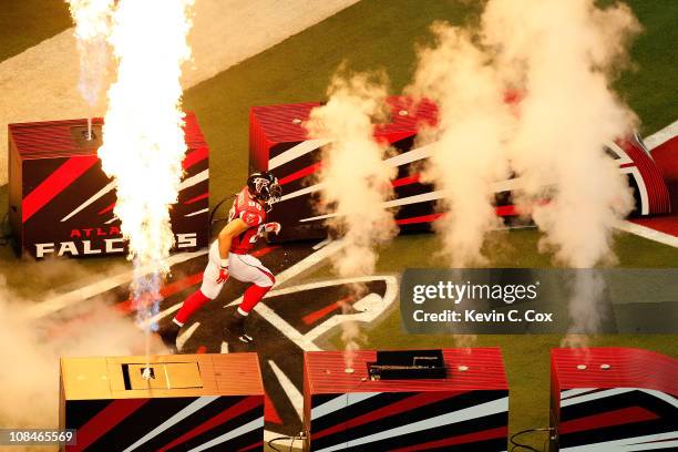 Tony Gonzalez of the Atlanta Falcons takes the field during player introductions against the Green Bay Packers during their 2011 NFC divisional...