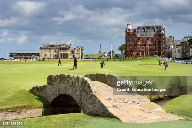 The Royal and Ancient Golf Club of St Andrews clubhouse on the 18th Hole of Old Course St Andrews Links golf course at Swilken Brdige Scotland UK.