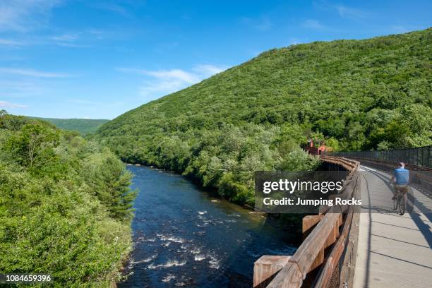 Lehigh Gorge State Park with River and cyclist on Lehigh Gorge Rail Trail path, Poconos Mountains, near Jim Thorpe, Pennsylvania.