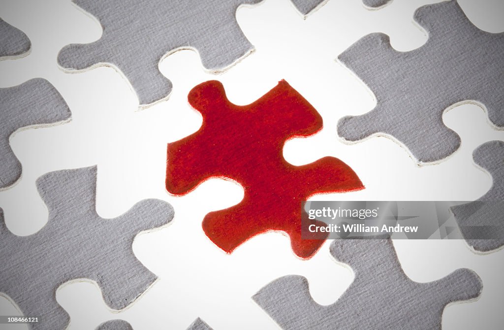 Red puzzle piece surround by white puzzle pieces