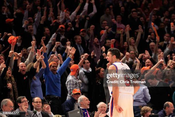 Landry Fields of the New York Knicks celebrates scoring a three pointer against the Miami Heat at Madison Square Garden on January 27, 2011 in New...