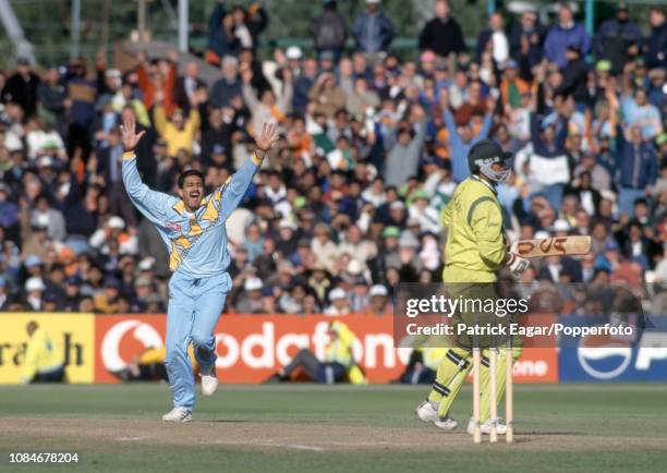 Anil Kumble of India celebrates after trapping Saqlain Mushtaq of Pakistan LBW for 0 during the World Cup Super Six match between India and Pakistan...