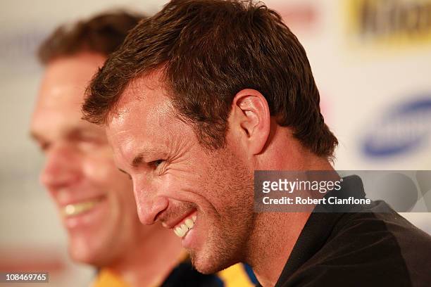 Australian captain Lucas Neill laughs as he talks to the media during an offical pre-match media conference at Khalifa Stadium on January 28, 2011 in...