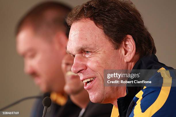 Australian coach Holger Osieck talks to the media during an offical pre-match media conference at Khalifa Stadium on January 28, 2011 in Doha, Qatar.
