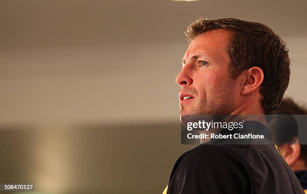 Australian captain Lucas Neill looks on during an offical pre-match media conference at Khalifa Stadium on January 28, 2011 in Doha, Qatar.