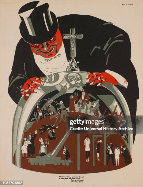 Soviet Propaganda Magazine Interior, Bezbozhnik u Stanka Atheist at his Bench Magazine, Illustration by Nikolai Kogout, 1920s.