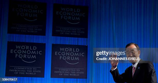 Secretary General Ban Ki-moon addresses on January 28, 2011 a session on "Redefining Sustainable Development" at the World Economic Forum annual...