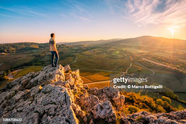 man admiring the view from the top of rock of solutre at sunset, burgundy, france - bourgogne france photos et images de collection