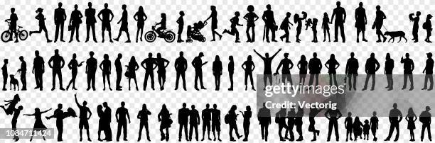 isolierte silhouetten mit großen gruppe von menschen - schlagschatten stock-grafiken, -clipart, -cartoons und -symbole