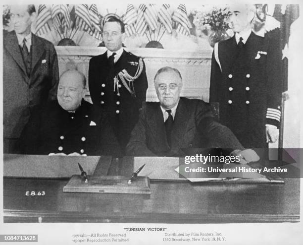 British Prime Minister Winston Churchill L and US President Franklin Roosevelt meeting at White House during World War II, June 19 publicity still...