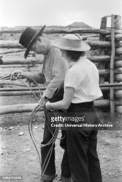 Learning how to Throw a Rope during Ranch Rodeo Contest, Brewster Arnold Quarter Circle U Ranch, Birney, Montana, USA, Arthur Rothstein, Farm...