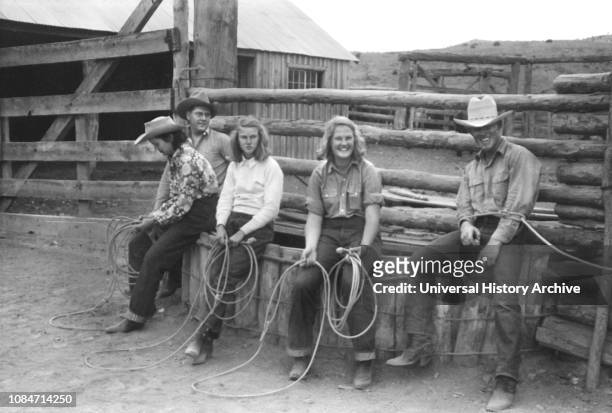 Group of People Learning how to Throw a Rope during Ranch Rodeo Contest, Brewster Arnold Quarter Circle U Ranch, Birney, Montana, USA, Arthur...