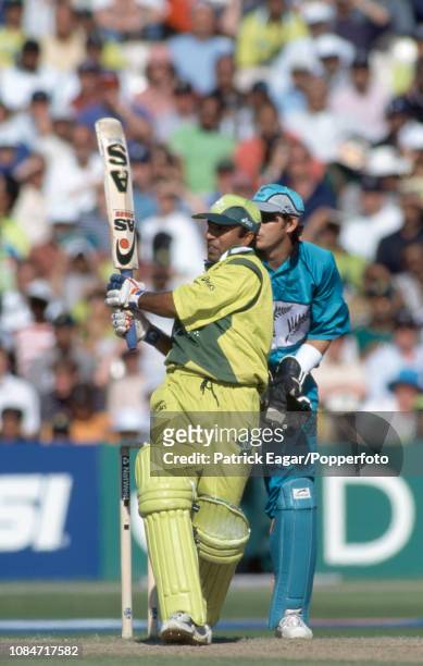 Pakistan batsman Saeed Anwar hits out during his innings of 113 not out in the World Cup Semi Final between New Zealand and Pakistan at Old Trafford,...