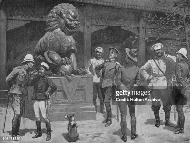 Officers of the Eight-Nation Alliance at the gates of the Forbidden City in Beijing, China, during the Boxer Rebellion, circa 1900. From a drawing by...