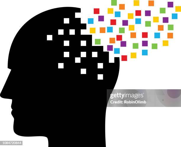 ilustrações de stock, clip art, desenhos animados e ícones de male head releasing colorful squares - levantar